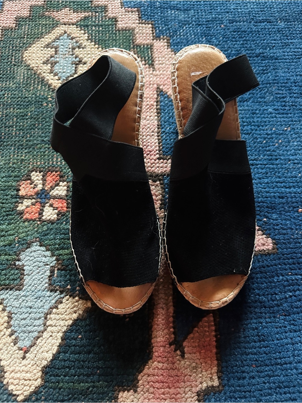 gentle souls Black Elastic Strap Espadrille Wedges